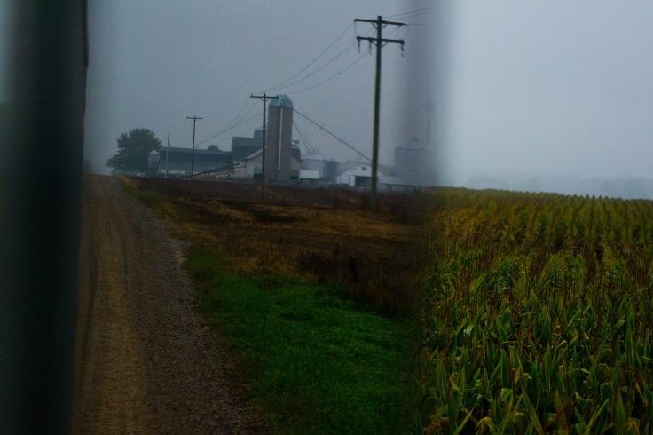 The Carey Pioneer Farm through a truck window during chopping of corn , on September 23, 2016. This showcases the old and the new crops and how that represents the old and the changes in the farm since 1944. 