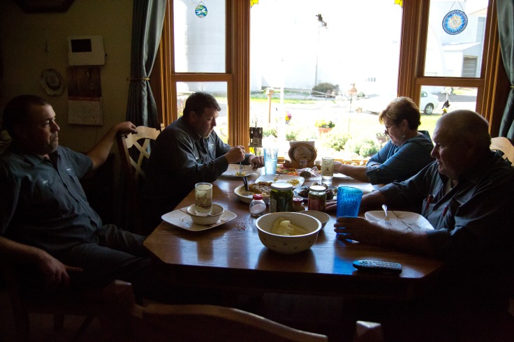 (from left to right), Jake Carey and Matt Carey eat "noon dinner" with their parents Scott Carey and Wendy Carey in Alma, Mich, September 20, 2016. "I always eat lunch at my my moms house. My wife works of the farm, so it doesn't make much sense to eat alone," stated Jake. 